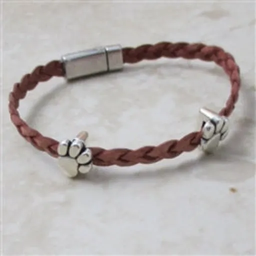 Pink Girl's Braided Leather Bracelet with Cat Paws
