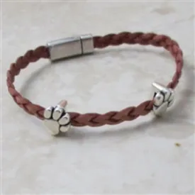 Pink Girl's Braided Leather Bracelet with Cat Paws