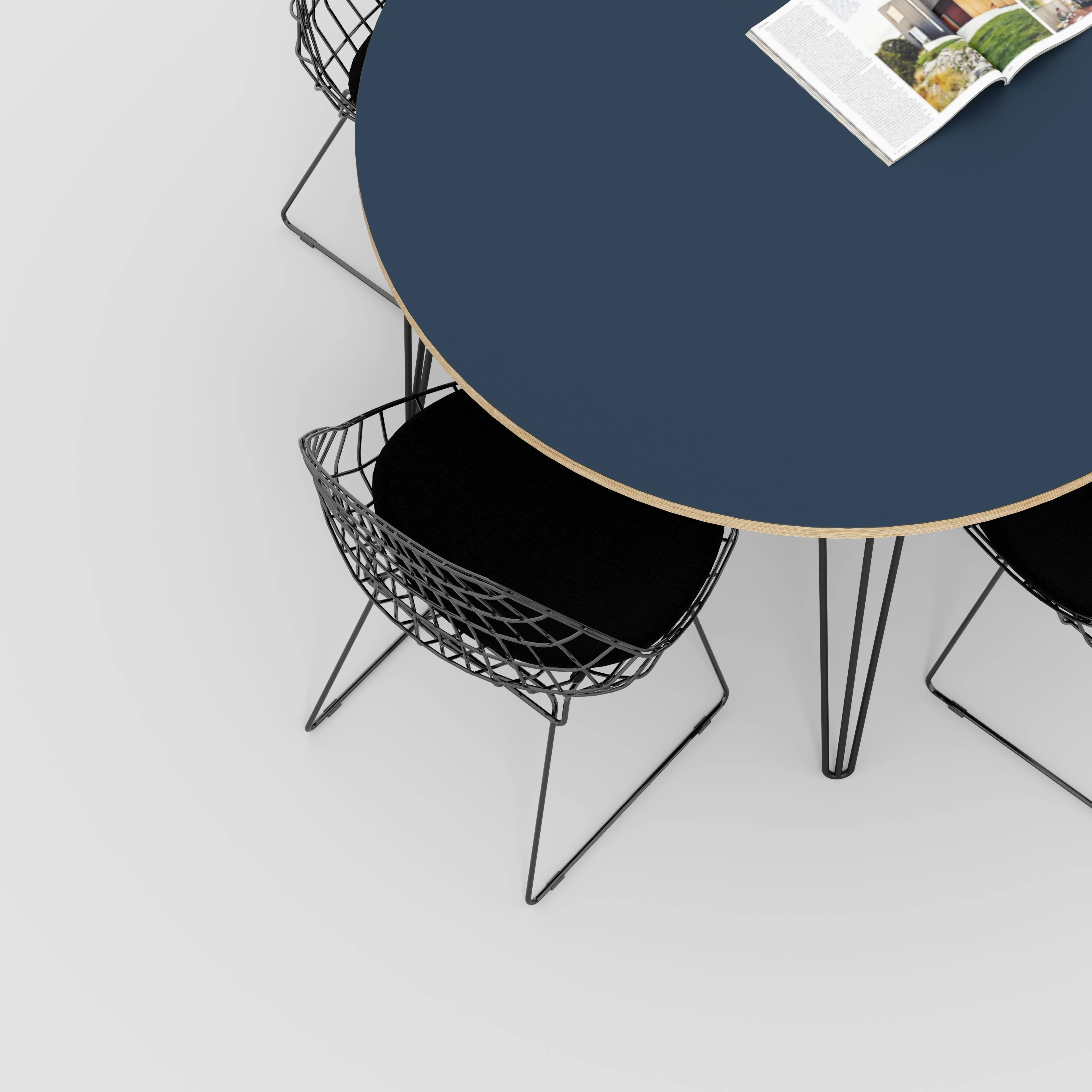 Plywood Round Table with Black Hairpin Legs - Formica Night Sea Blue - 1200(dia) x 735(h)