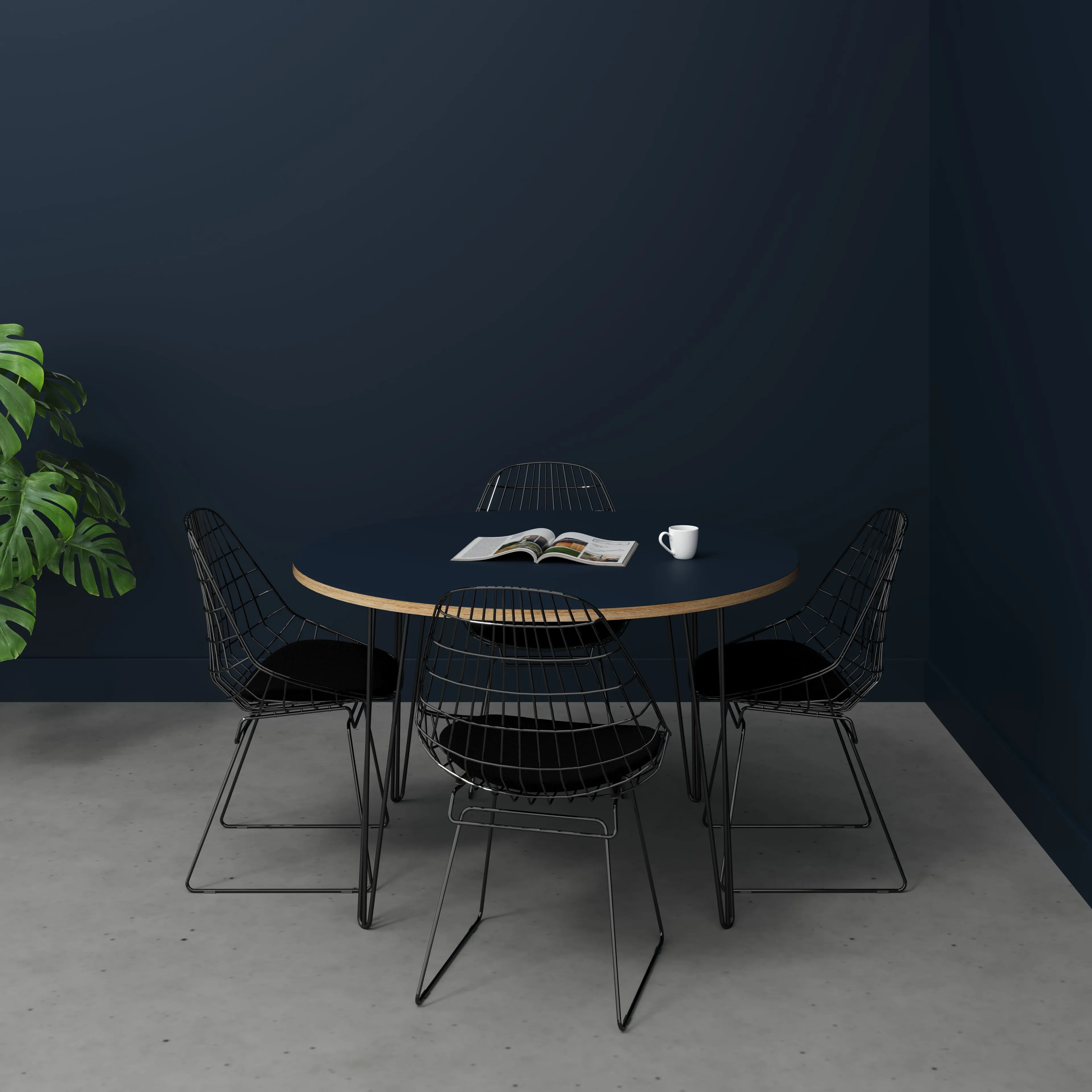 Plywood Round Table with Black Hairpin Legs - Formica Night Sea Blue - 1200(dia) x 735(h)