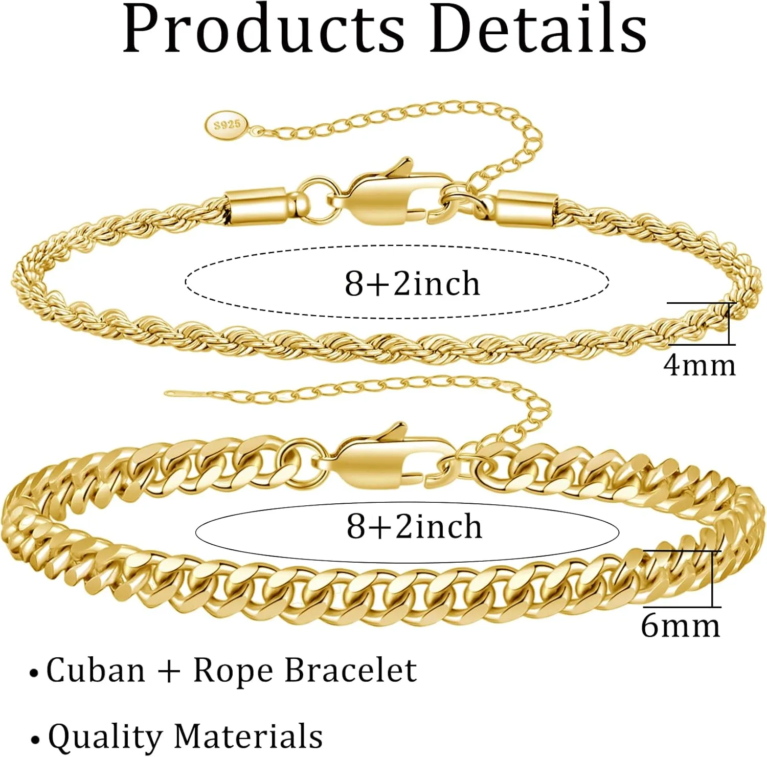 RANKEEF 2 Pcs Chain Bracelet for Men - 925 Sterling Silver 7-9inch Figaro Rope Cuban Link Bracelet Set - Gifts for Dad, Husband, Boyfriend