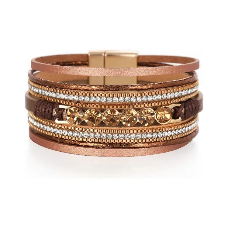 Retro Ethnic Multi-Layer Wide-Brimmed Women's Bracelet Crystal Diamond Luxury Leather Magnetic Buckle Bracelet