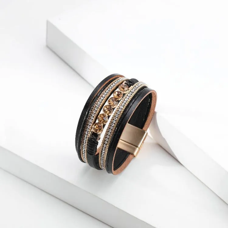 Retro Ethnic Multi-Layer Wide-Brimmed Women's Bracelet Crystal Diamond Luxury Leather Magnetic Buckle Bracelet