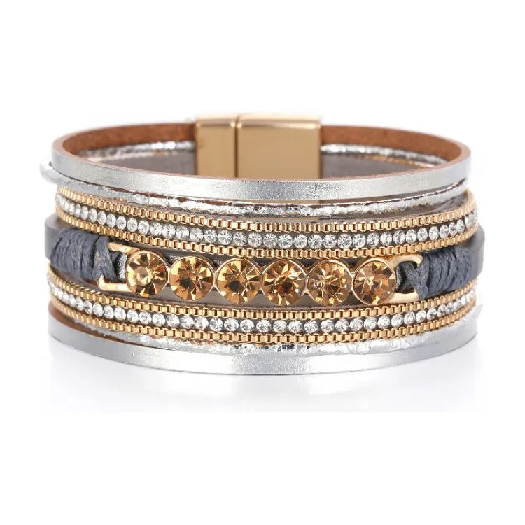 Retro Ethnic Multi-Layer Wide-Brimmed Women's Bracelet Crystal Diamond Luxury Leather Magnetic Buckle Bracelet
