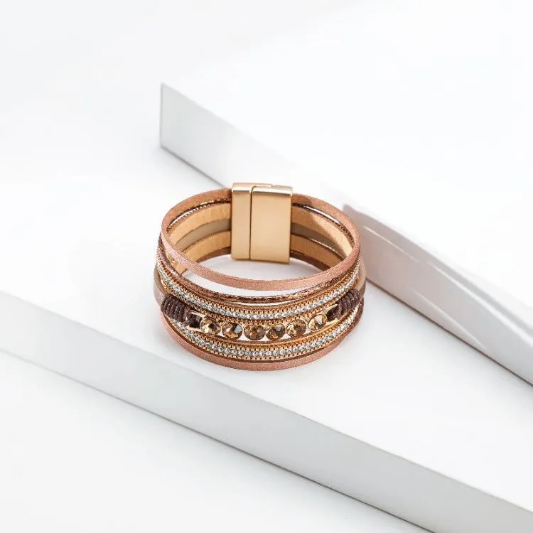 Retro Ethnic Multi-Layer Wide-Brimmed Women's Bracelet Crystal Diamond Luxury Leather Magnetic Buckle Bracelet