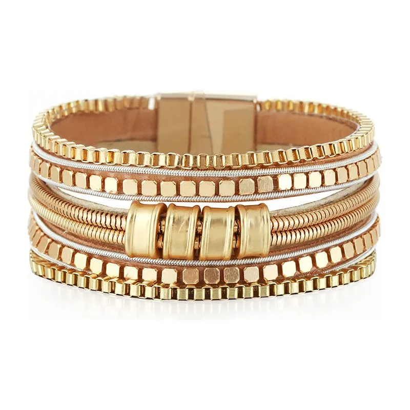 Retro Ethnic Multi-Layer Wide-Brimmed Women's Bracelet Crystal Diamond Luxury Leather Magnetic Buckle Bracelet