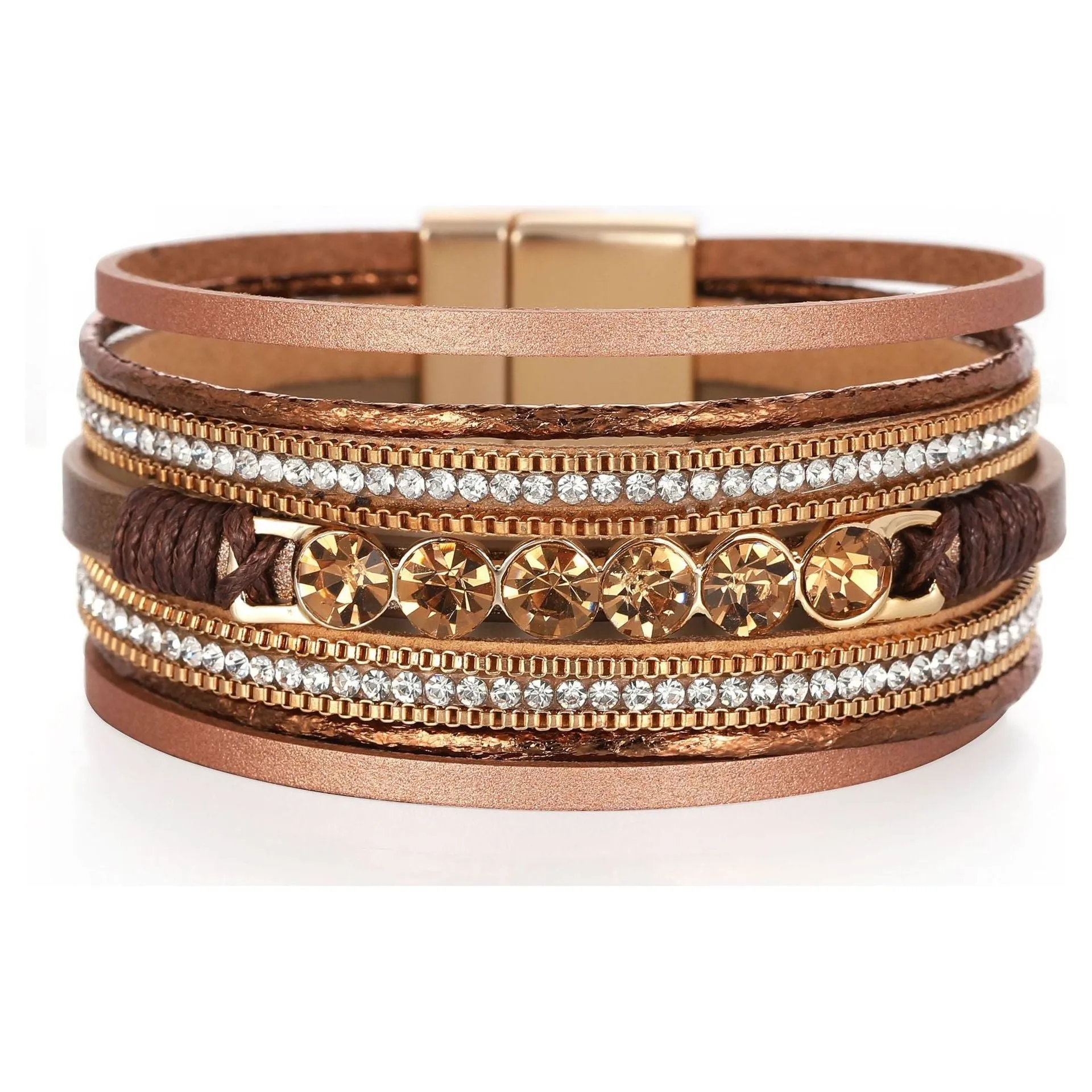 Retro Ethnic Multi-Layer Wide-Brimmed Women's Bracelet Crystal Diamond Luxury Leather Magnetic Buckle Bracelet
