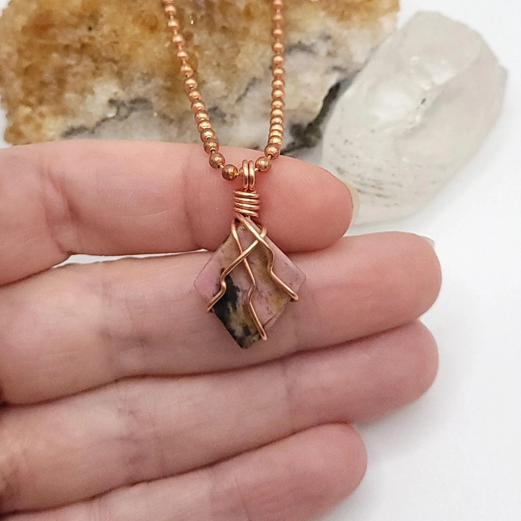 Rhodonite Crystal Necklace in Copper