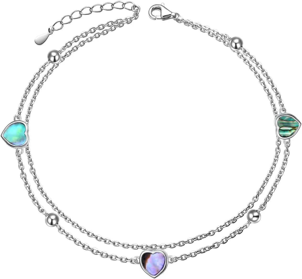 S925 Sterling Silver Elegant Foot Chain Beads Charm Boho Beach Double Layer Anklets Bracelet for Women Teenager Girls Adjustable 9 to 10.5 inches