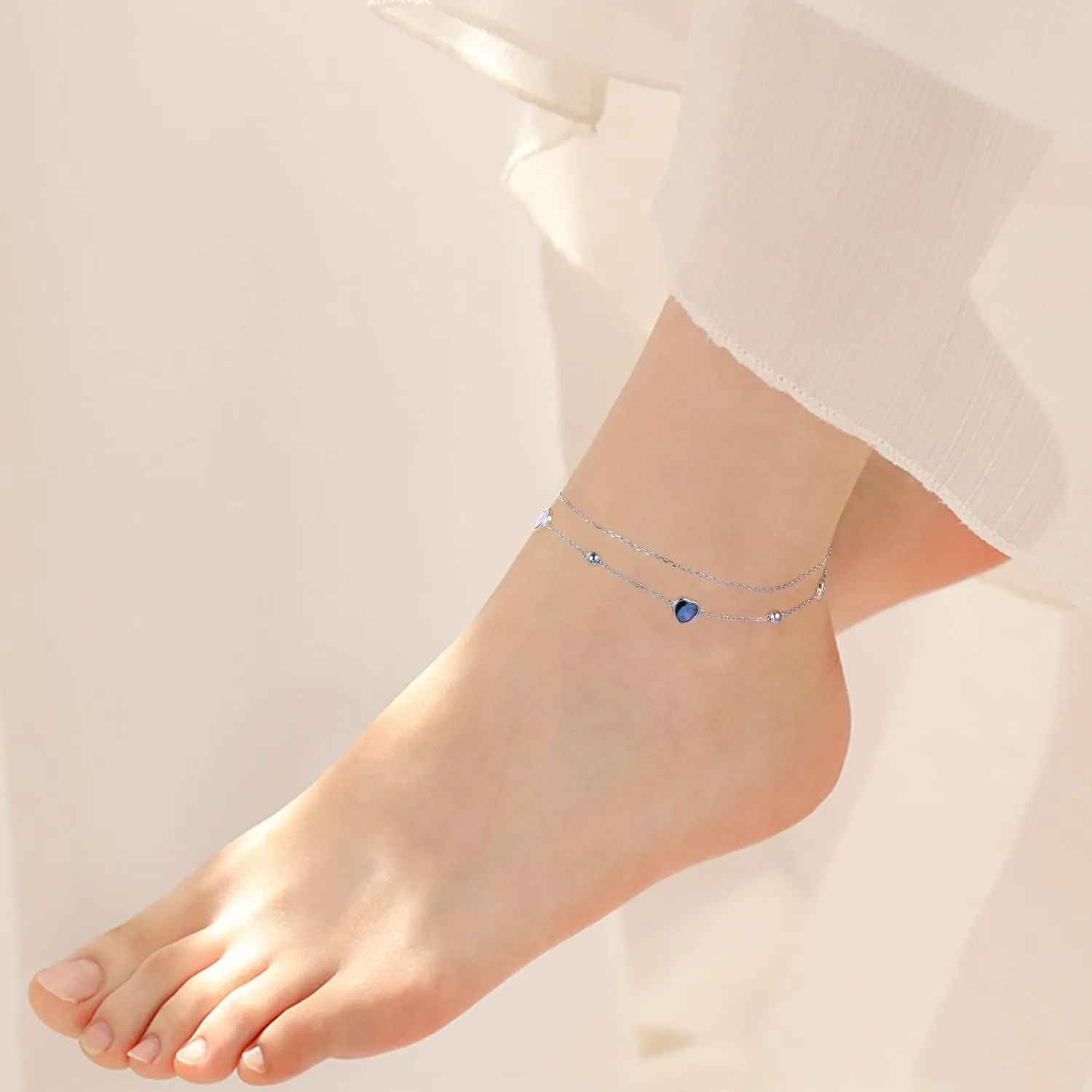 S925 Sterling Silver Elegant Foot Chain Beads Charm Boho Beach Double Layer Anklets Bracelet for Women Teenager Girls Adjustable 9 to 10.5 inches
