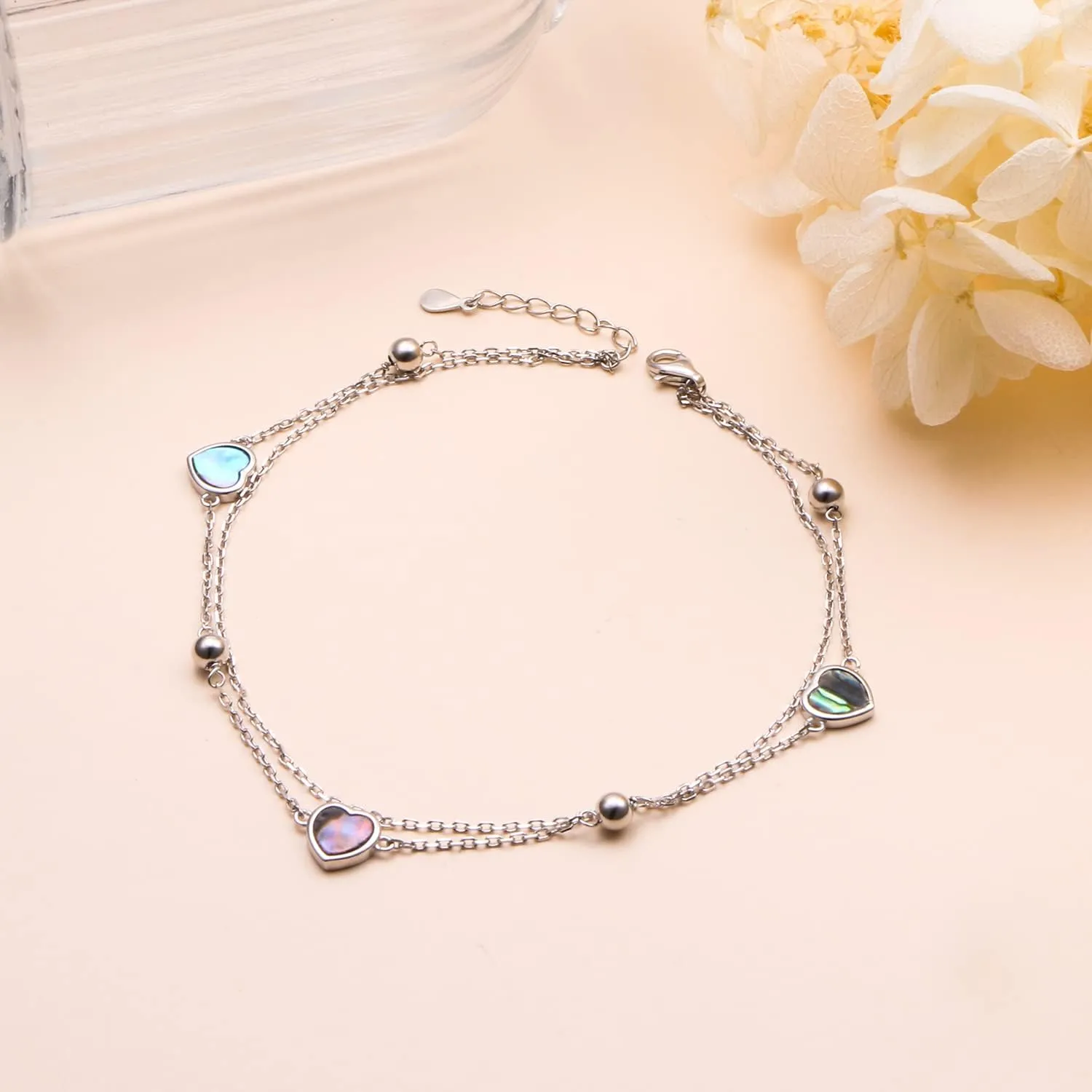S925 Sterling Silver Elegant Foot Chain Beads Charm Boho Beach Double Layer Anklets Bracelet for Women Teenager Girls Adjustable 9 to 10.5 inches