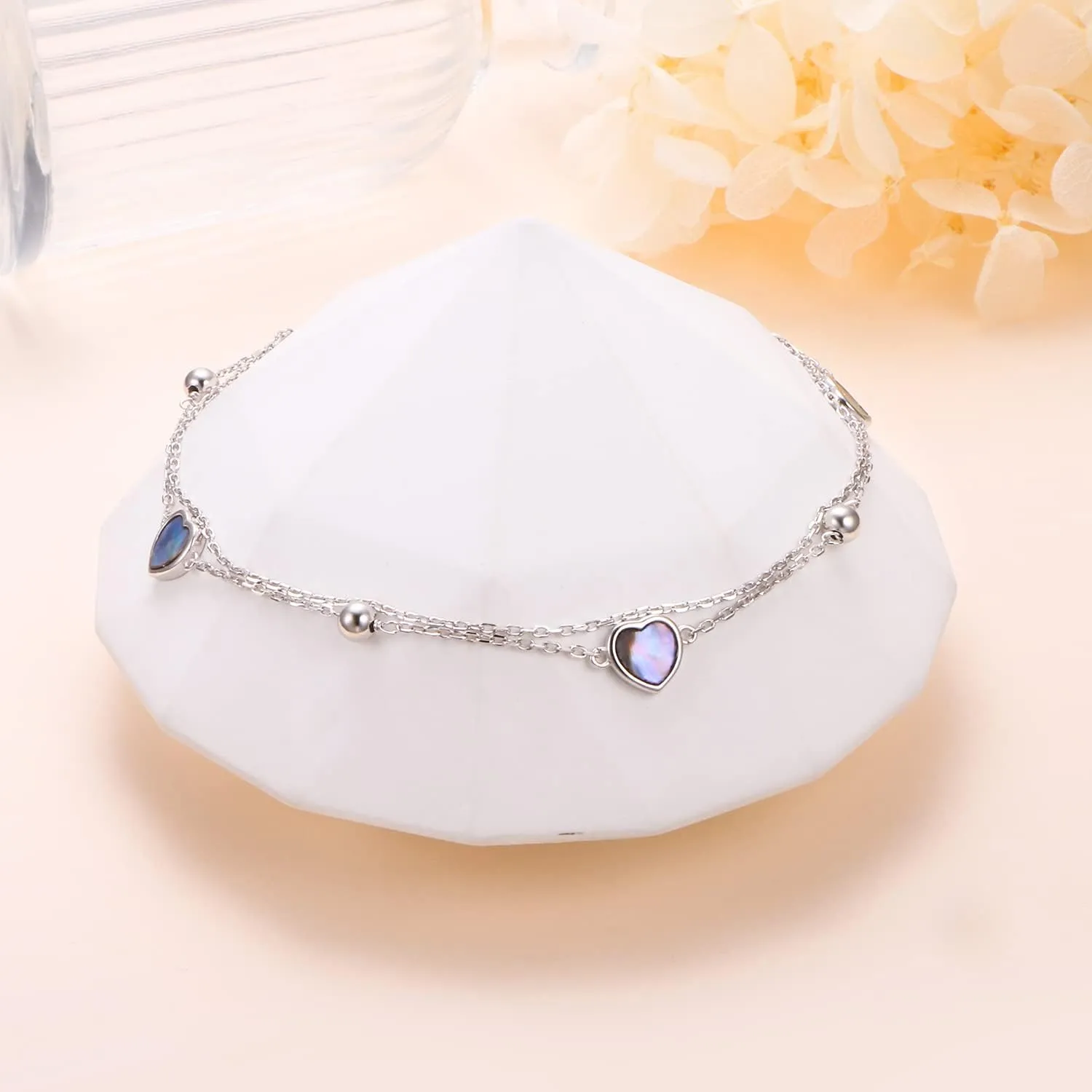 S925 Sterling Silver Elegant Foot Chain Beads Charm Boho Beach Double Layer Anklets Bracelet for Women Teenager Girls Adjustable 9 to 10.5 inches