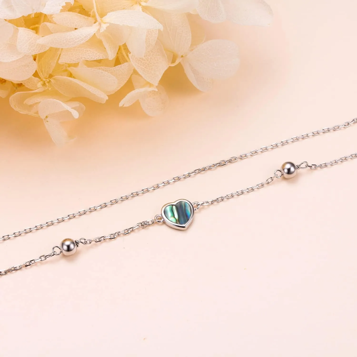 S925 Sterling Silver Elegant Foot Chain Beads Charm Boho Beach Double Layer Anklets Bracelet for Women Teenager Girls Adjustable 9 to 10.5 inches