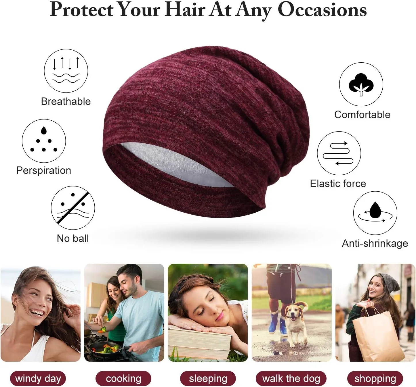 SATINIOR 6 Pieces Satin Lined Sleep Cap Slouchy Skull Beanie Hat Night Hair Cap Headwear Head Wrap for Curly Hair Women Girl