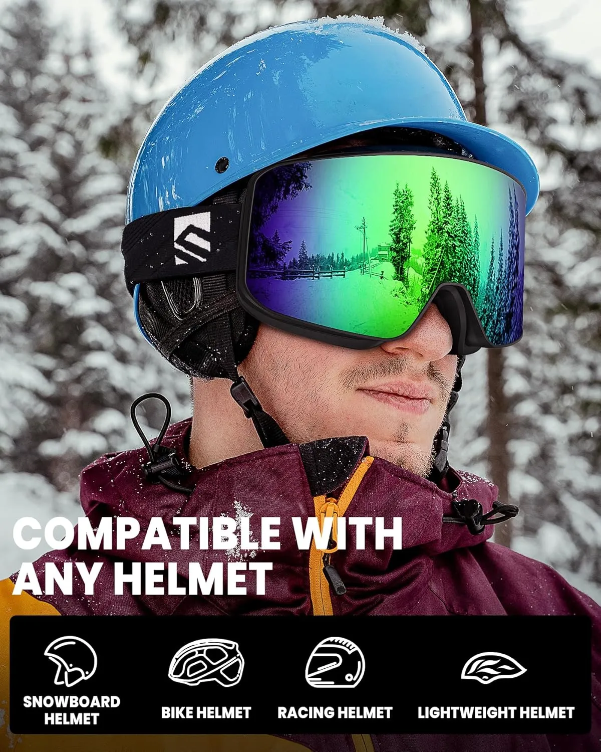 SNOWER Ski Goggles, OTG Anti Fog Snowboard Goggles, HD Snow Goggles UV400 Protection for Men Women Youth