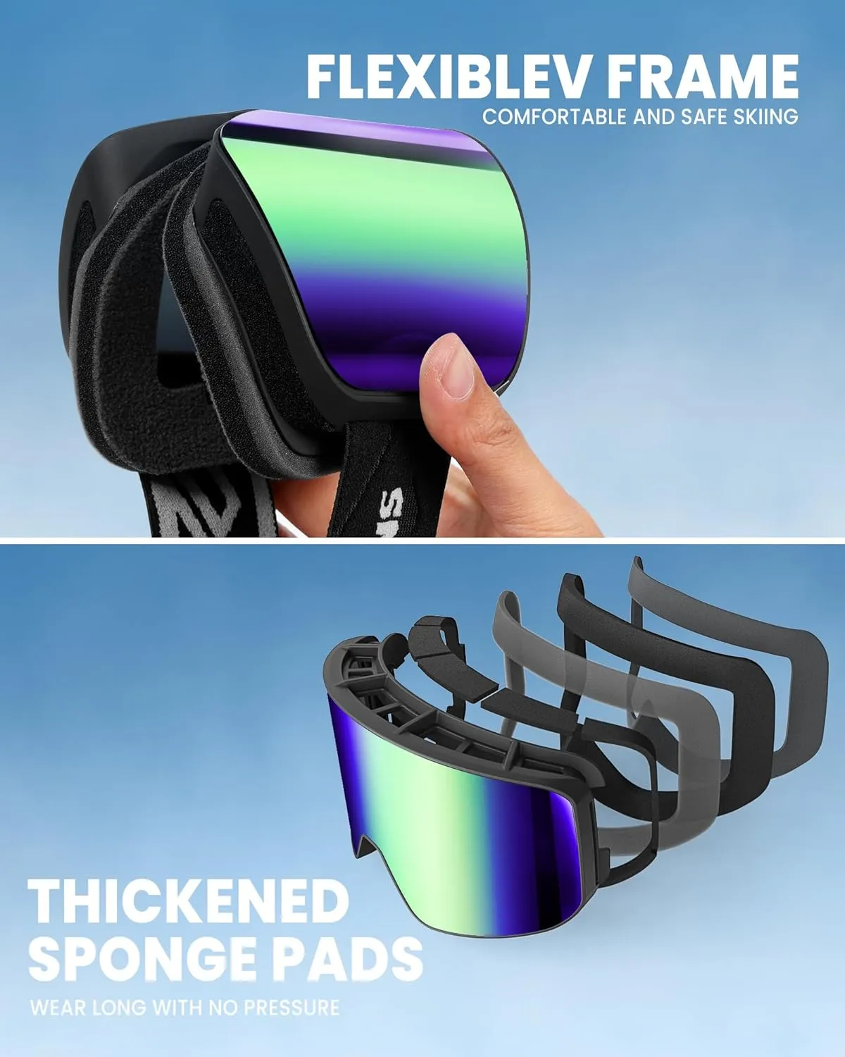 SNOWER Ski Goggles, OTG Anti Fog Snowboard Goggles, HD Snow Goggles UV400 Protection for Men Women Youth
