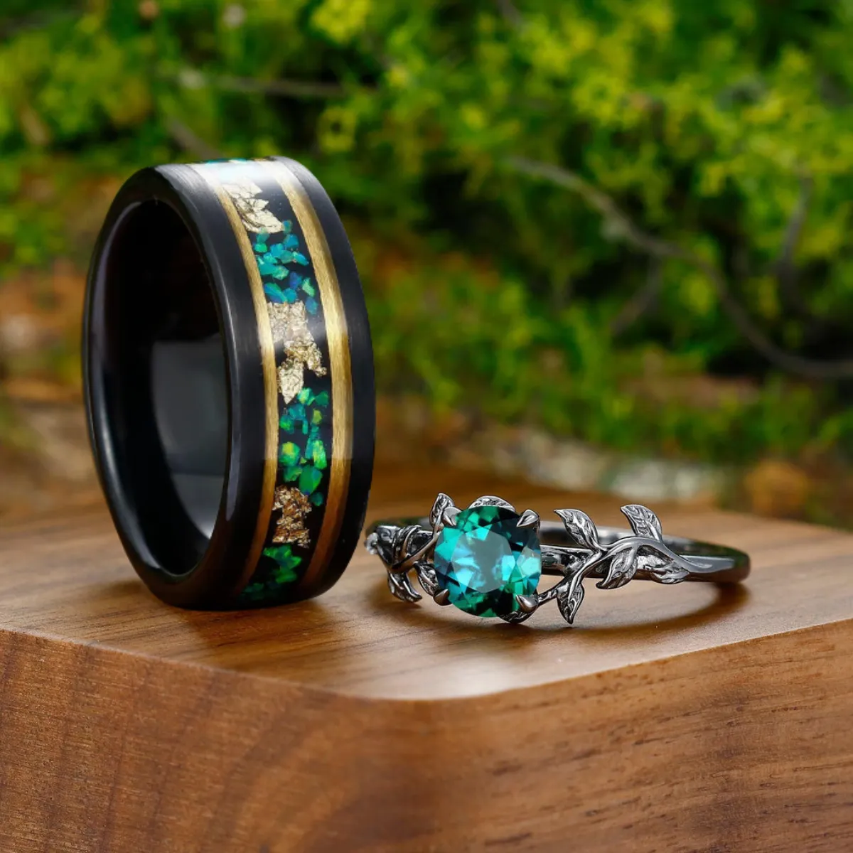 Solitaire Round Emerald Leaf Engagement Rings For Couples Promise Green And Gold Wedding Band