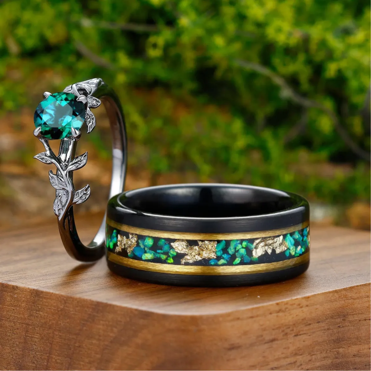Solitaire Round Emerald Leaf Engagement Rings For Couples Promise Green And Gold Wedding Band