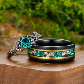 Solitaire Round Emerald Leaf Engagement Rings For Couples Promise Green And Gold Wedding Band