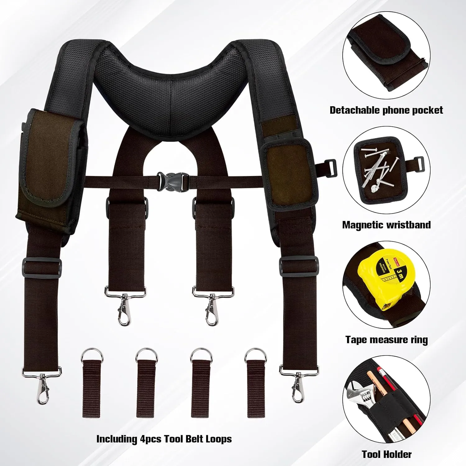 Tool Belt Suspenders for Men, Adjustable Padded Carpenter Tool Belt with Magnetic WristBand Multifunctional Pouch Pocket for Construction Workers (Brown)