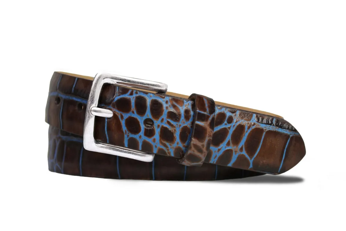 Two-Toned Embossed Crocodile Belt with Antique Silver Buckle