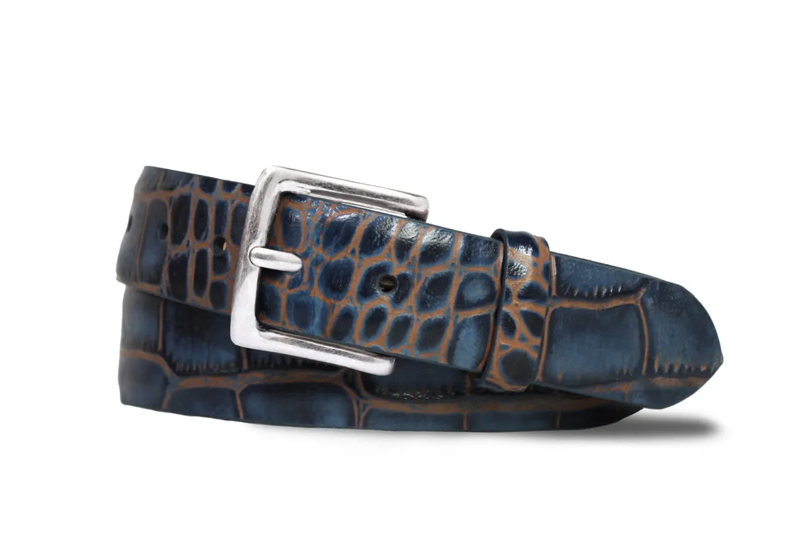Two-Toned Embossed Crocodile Belt with Antique Silver Buckle