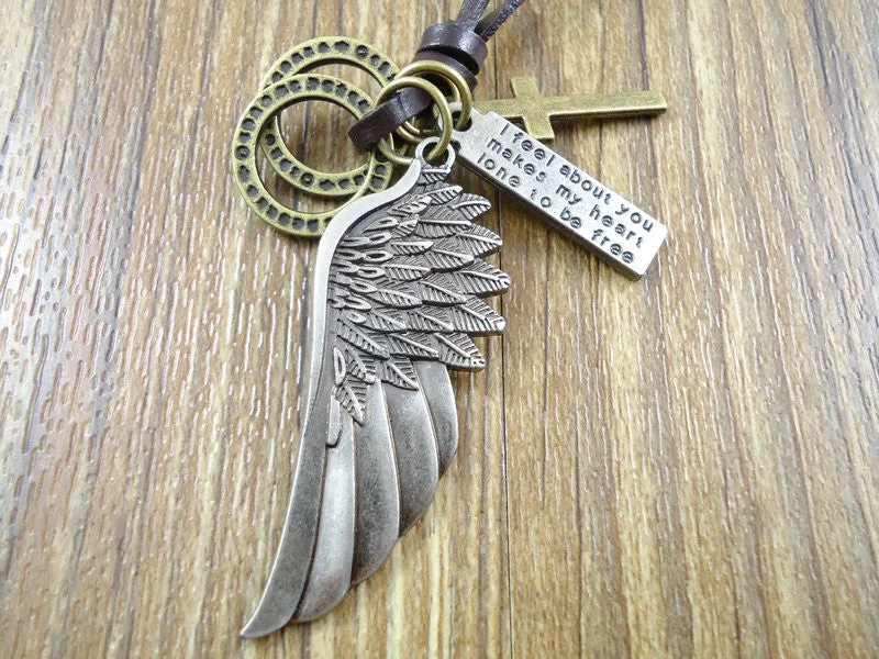 Unisex Wing Cross Leather Pendant Necklace with Adjustable cord