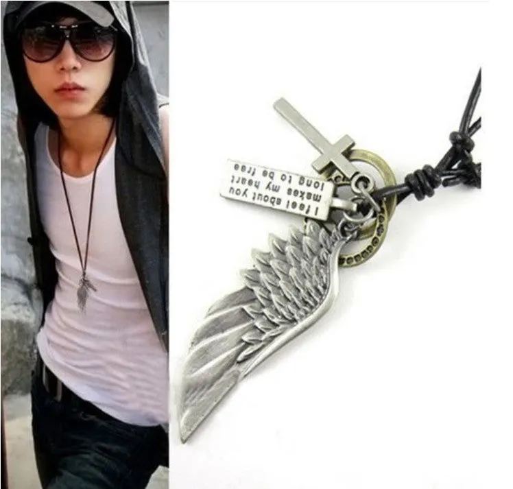 Unisex Wing Cross Leather Pendant Necklace with Adjustable cord