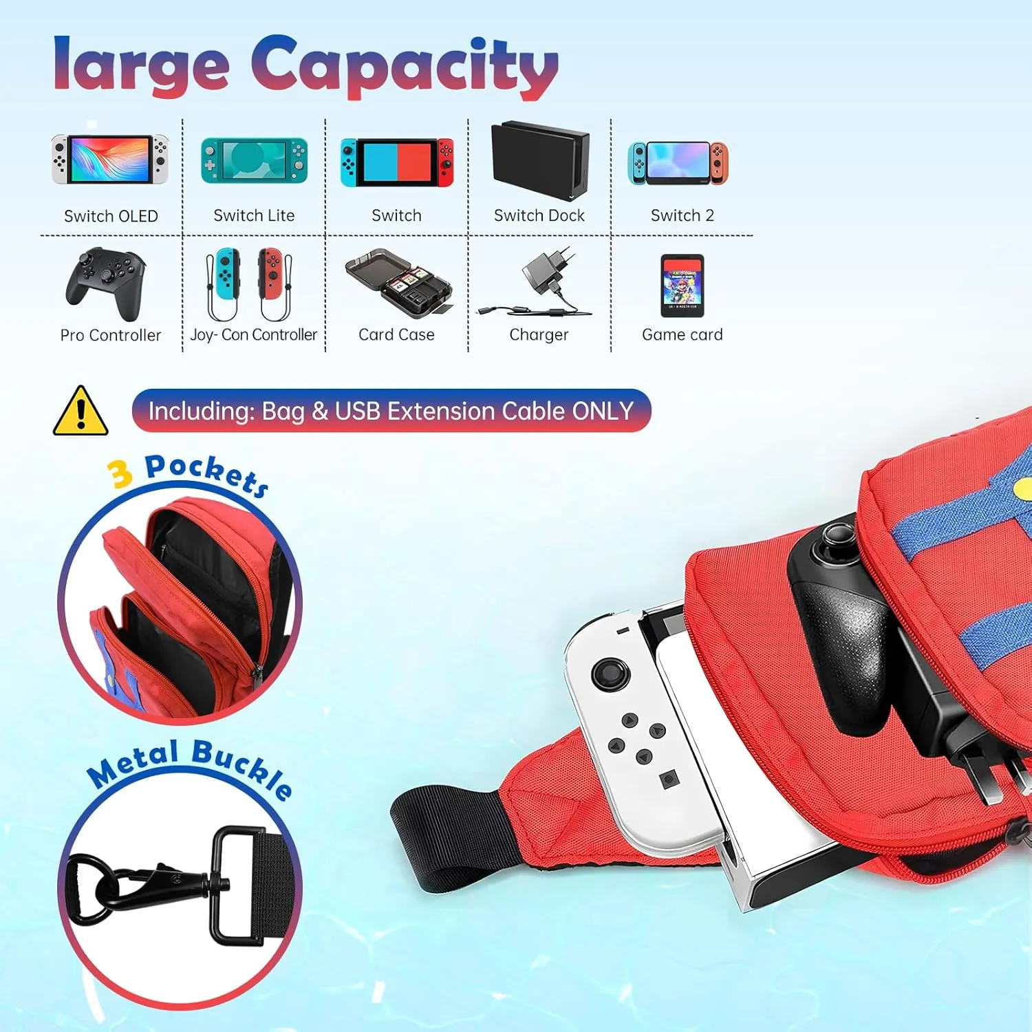 Vadaxx Cute Travel Bag for Nintendo Switch/2/Lite/OLED, Small Sling Portable Waterproof Backpack Carrying Crossbody Shoulder Chest Gaming Bag Case for NS SD Console Dock Joy-Cons Accessories Storage