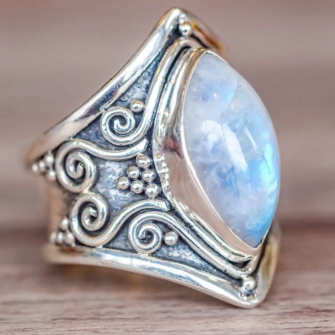 Women Fashion Bohemian Boho Vintage Silver Big Stone Ring