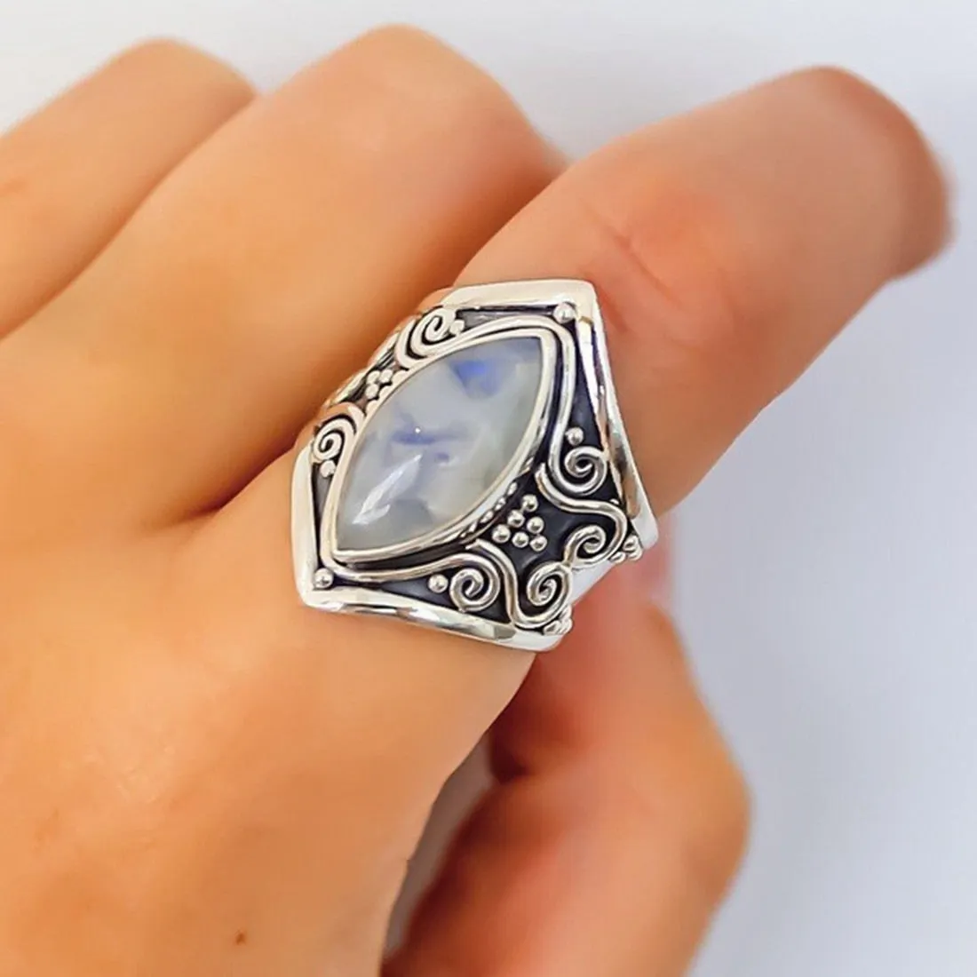 Women Fashion Bohemian Boho Vintage Silver Big Stone Ring
