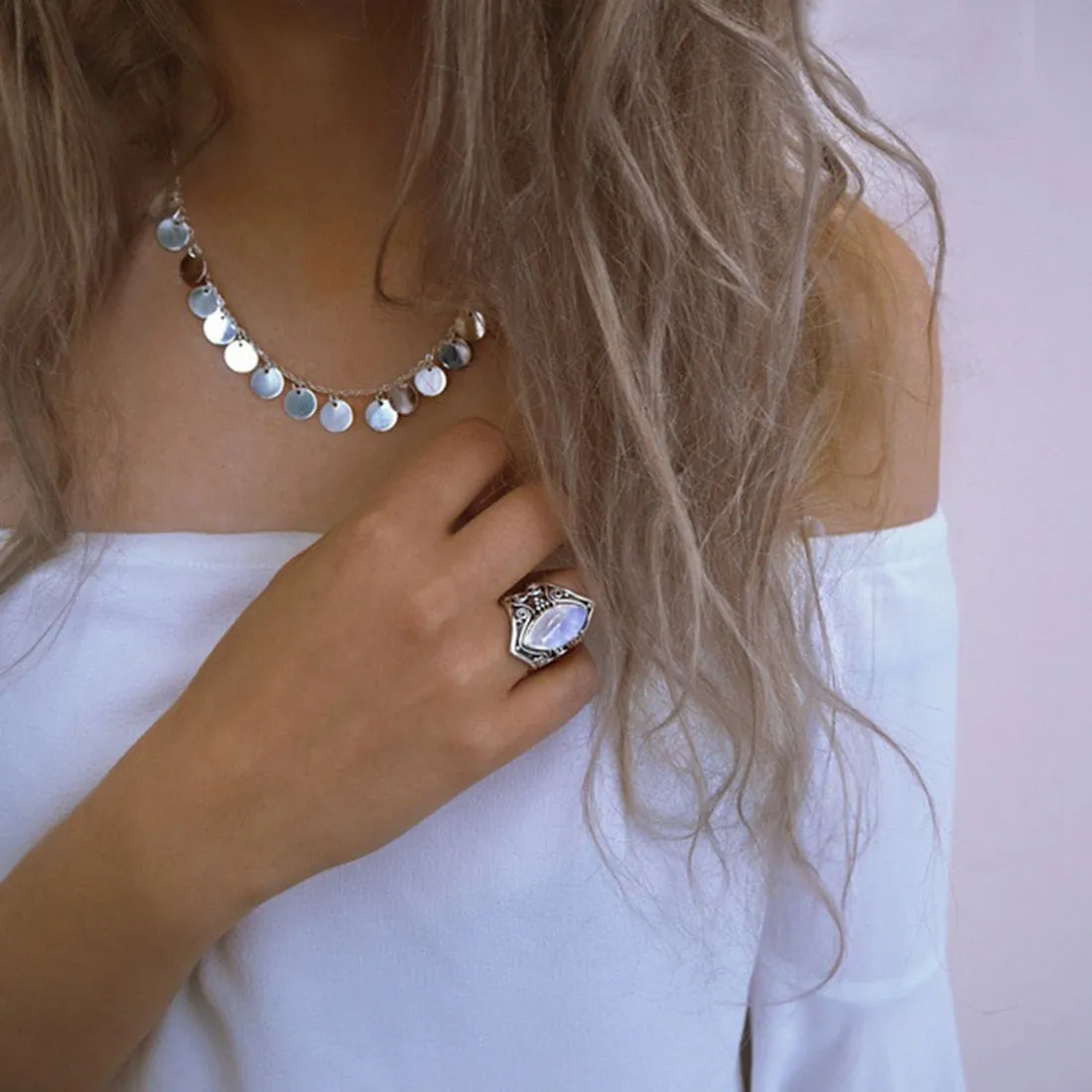 Women Fashion Bohemian Boho Vintage Silver Big Stone Ring
