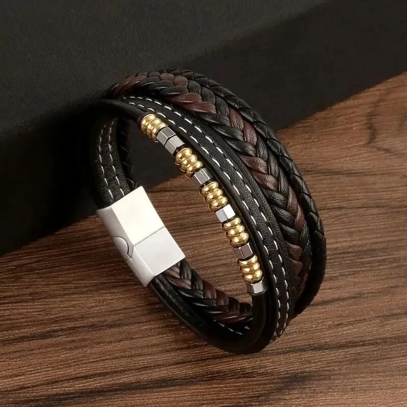 Wrap Bracelet Leather Mens Stack Charm Double Stitch