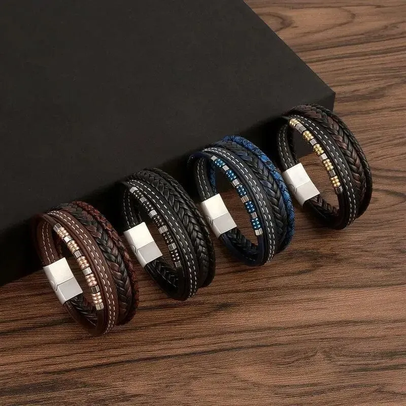 Wrap Bracelet Leather Mens Stack Charm Double Stitch