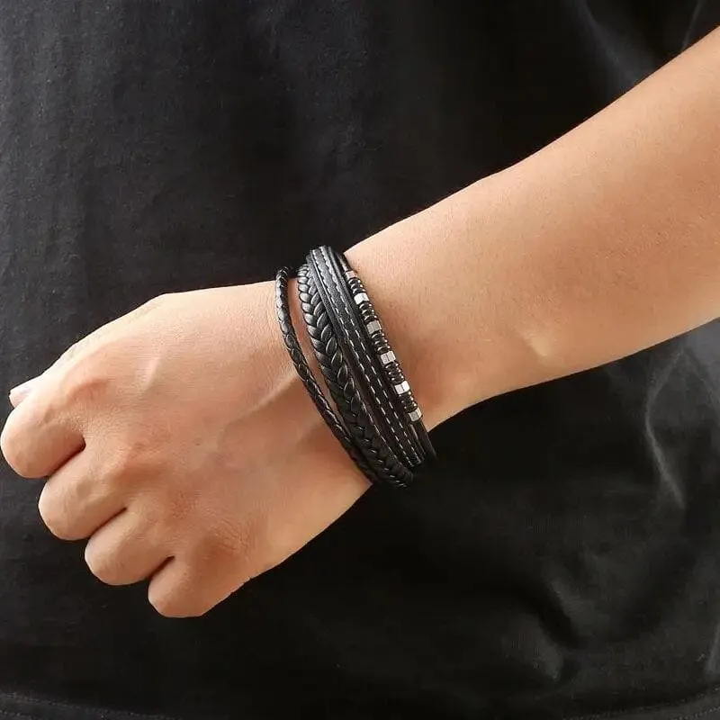 Wrap Bracelet Leather Mens Stack Charm Double Stitch