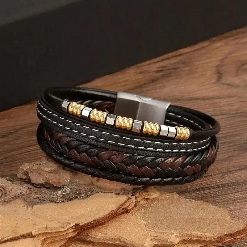 Wrap Bracelet Leather Mens Stack Charm Double Stitch