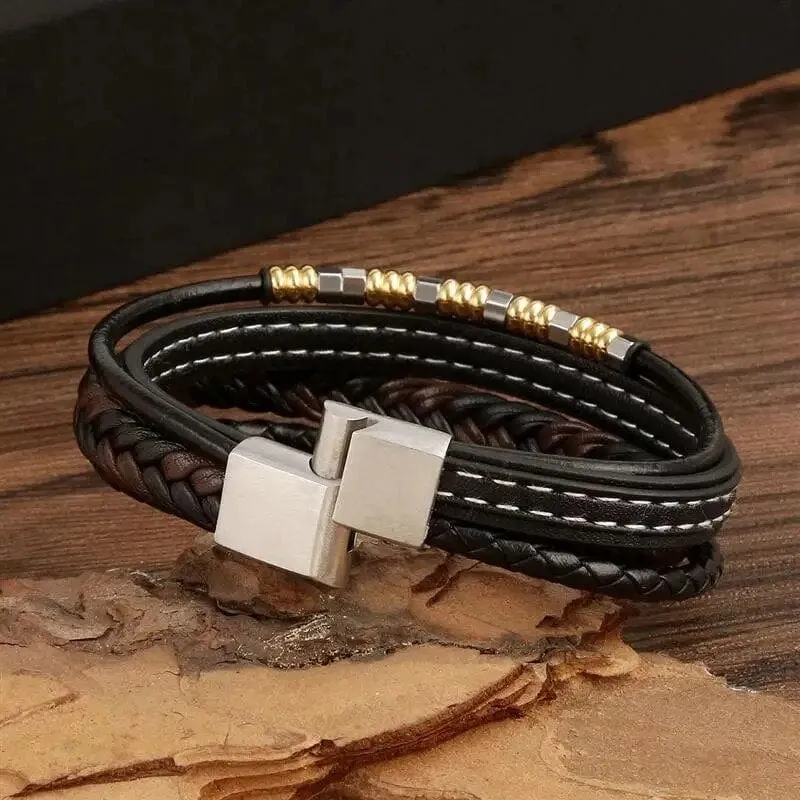 Wrap Bracelet Leather Mens Stack Charm Double Stitch